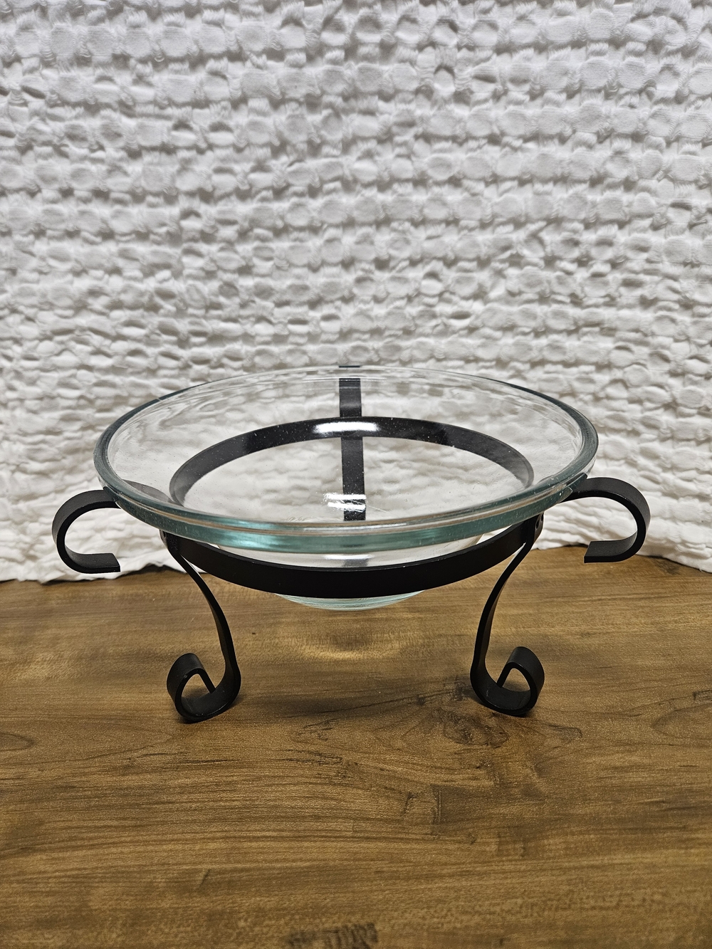 Clear Glass Serving Centerpiece Bowl with Black Iron Scroll Stand Farmhouse